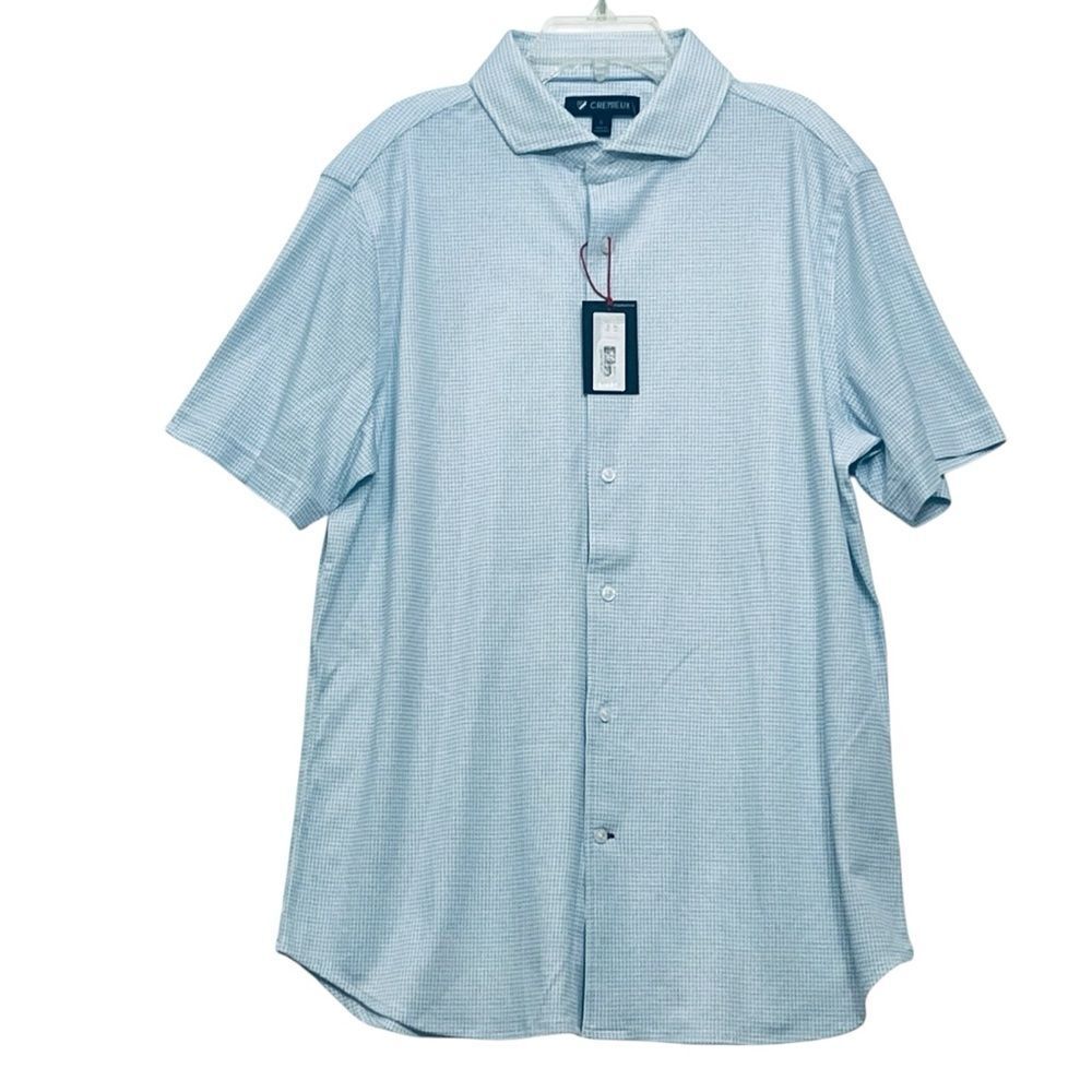 Cremieux Shirt Sz L Blue White Mini-Houndstooth Short Sleeve Button Up Men’s NEW